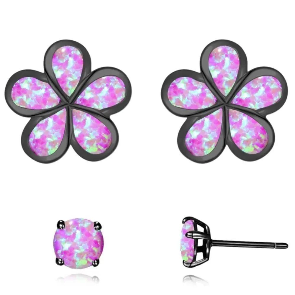 14K Black Gold with Genuine Purple Fire Opal Flower Post Stud Earrings Set of 2